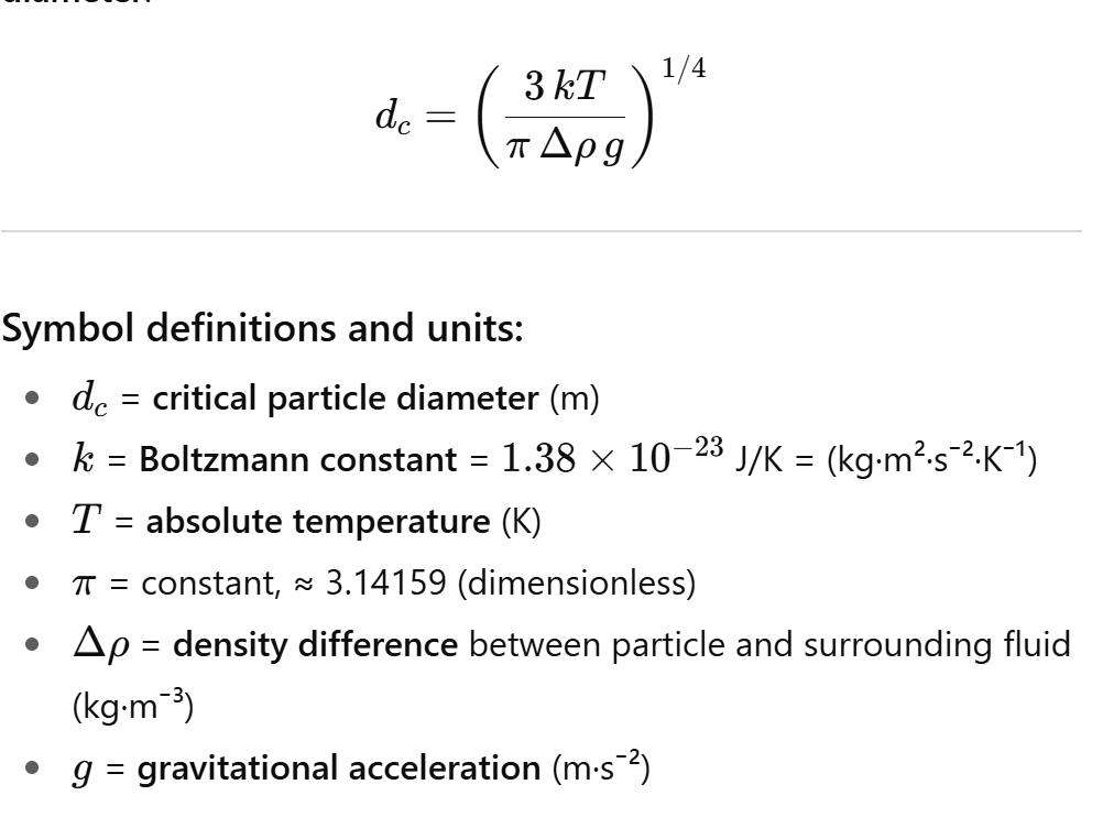 <p><strong>Non-creaming criterion</strong> (random motion dominates)</p><p>Erandom&gt;Egravity</p><p>Set equality to find the <strong>critical diameter dc</strong> where gravity just balances random motion:</p>