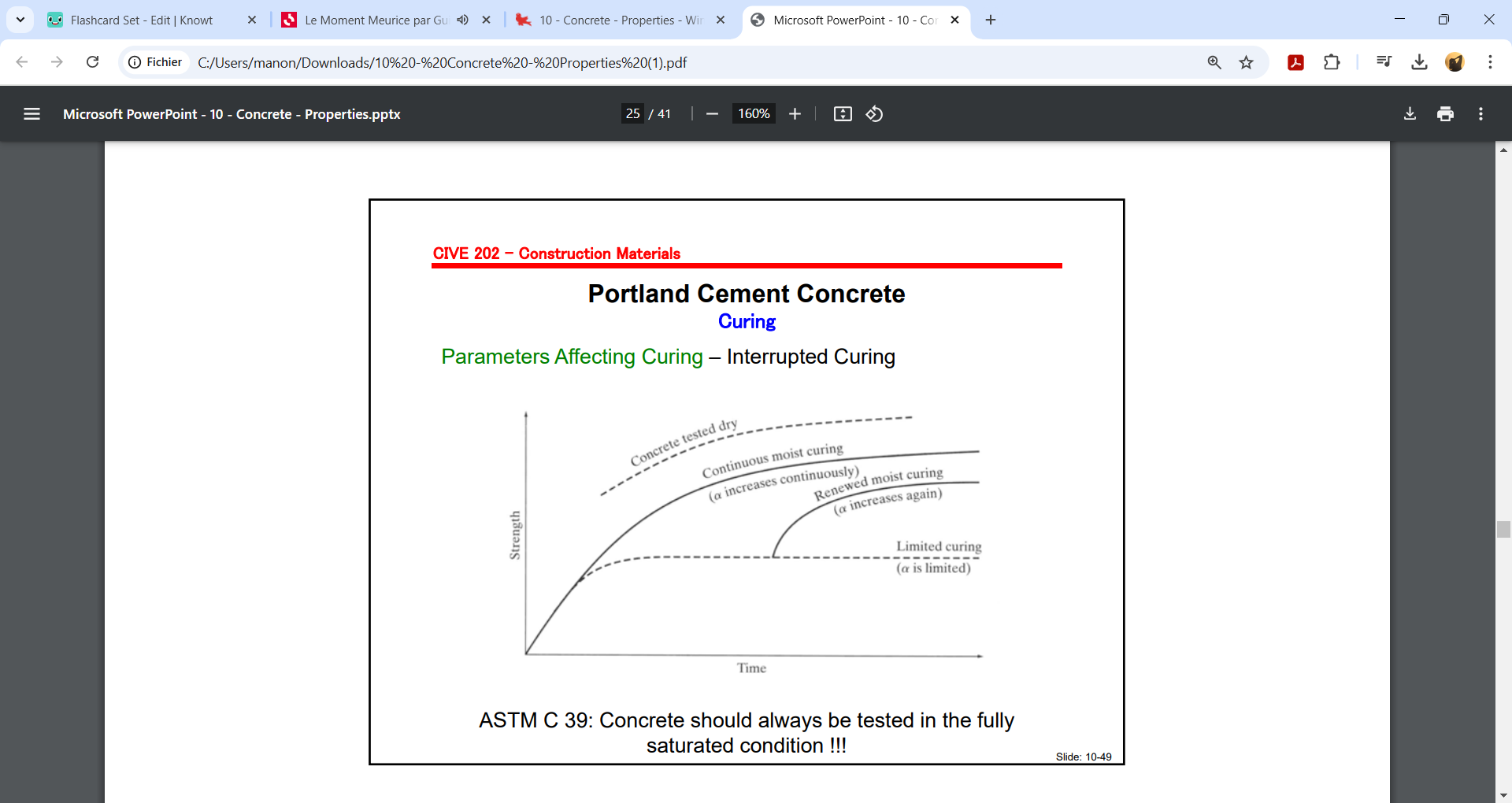 <p>if interrupted can be restarted with a coresponding increase in strength</p><p>ultimate strength will not reach the same level </p><p>must maintain water in concrete as a continuous liquid system</p><p>large capillariesbegin to epmty due to self-desiccation causing menisci to form</p>