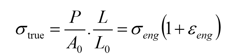 <p>P = load (N)</p><p>A = Area</p><p><span><sub>σ</sub></span><sub>eng</sub><span> = engineering stress</span></p>