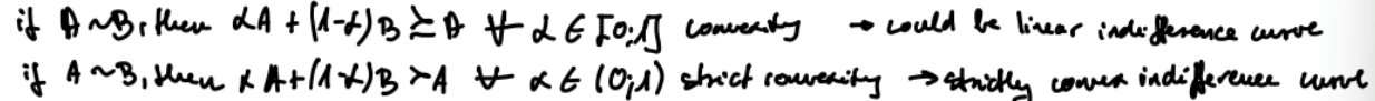 <p>If the individual is indifferent between two consumption bundles A and B, then any convex combination of A and B is at least as good as A or B. If any strictly convex <strong>combination of A and B is better than A or B</strong>, then preferences are strictly convex.</p><ul><li><p>strictly convex preferences → <strong>strictly convex indifference curves</strong></p></li></ul><p></p>