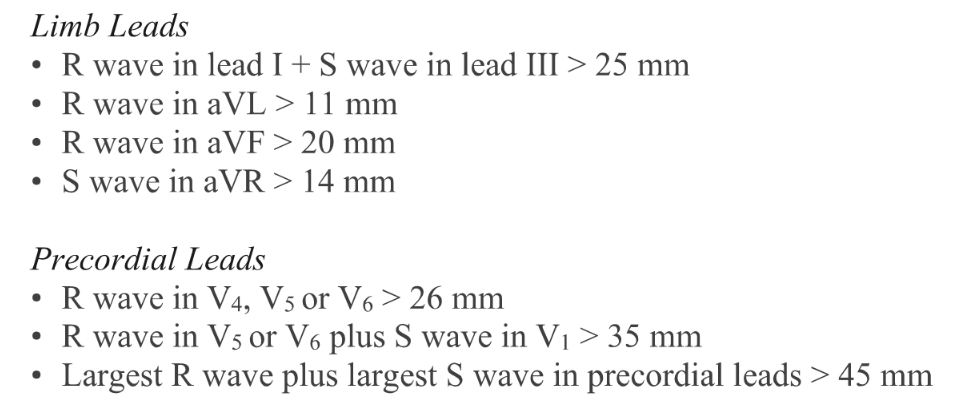 Left side leads will show increased R wave amplitude (I, avL, V4-V6) 

Right side leads will show increased S wave depth (III, aVR, V1-3) 

**Further: classifications/ECG voltage criteria** 

**(where 10mm = 1 mV)** 