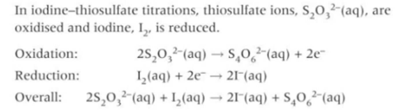 <p>-Thiosulfate, S2O3^2- ions are oxidised .</p><p>-Iodine, I2, is reduced.</p>