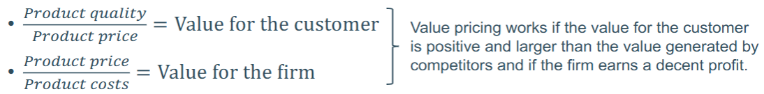 <p><span>• Irrespective of the price position, value pricing is a useful tool for customers as it helps to find the right combination of product quality, product costs and</span><br><span>product prices to fully satisfy customer preferences and profit targets of firms.</span></p><p><span>Necessary parallel activities:</span><br><span>• Communicating value</span><br><span>• Price segmentation</span></p>