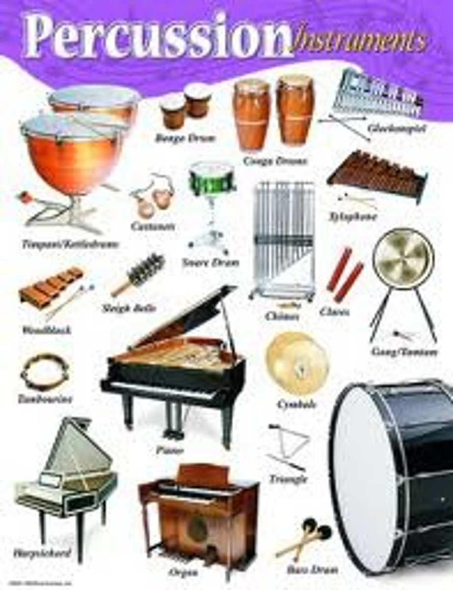 <p>Instruments that produce sound when they are hit, shaken, rubbed, or scraped. Some are tuned while others are untuned. In a symphony, a percussionist may play many instruments in one composition. Ex) tambourine, cymbals, gong, drum, piano is also included.</p>