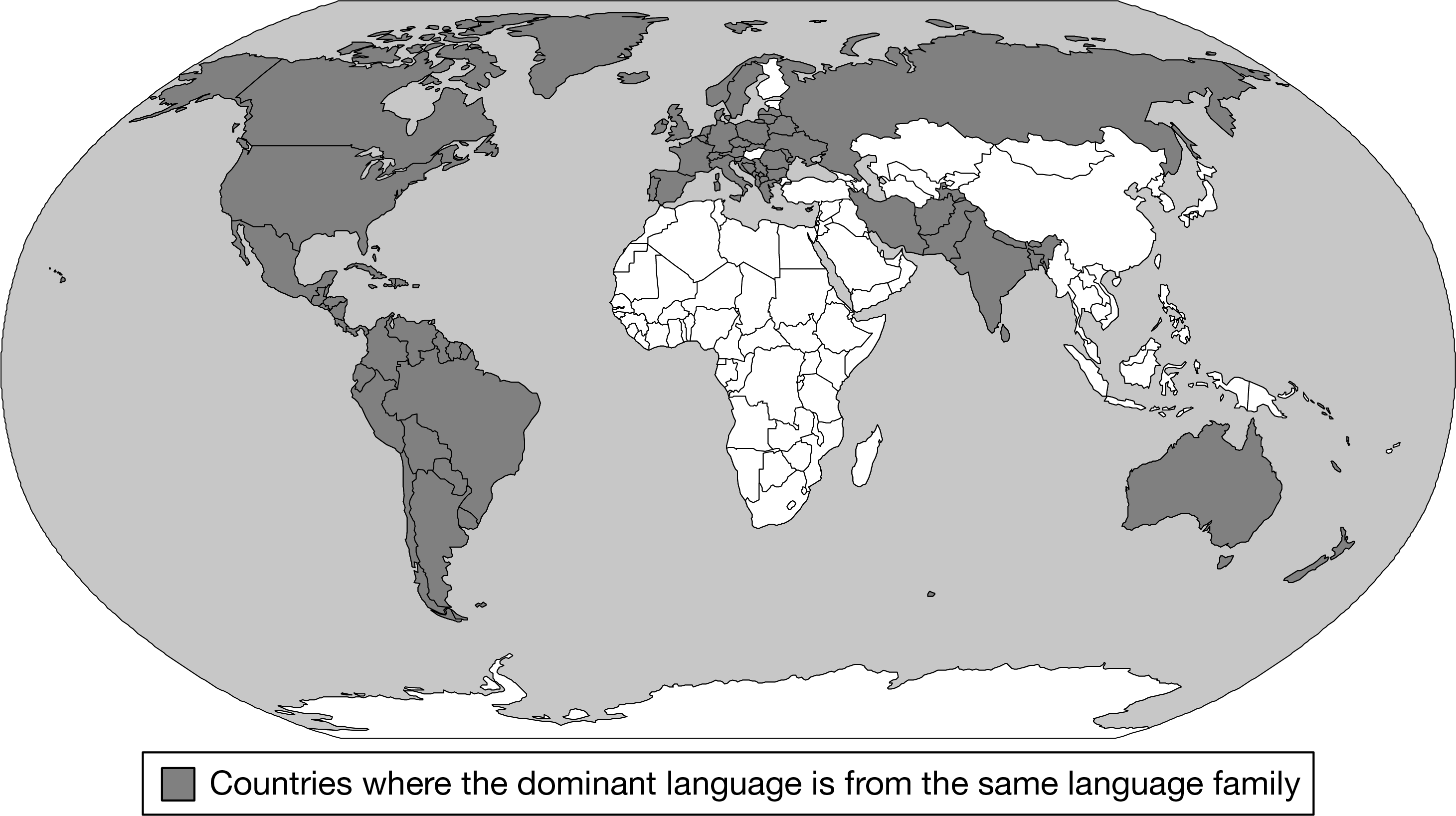 <p>The map shows the distribution of the language family that has the largest number of speakers in the world. Which statement correctly identifies the language family shown and the method of diffusion that best explains the pattern?</p>