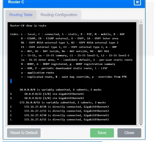 <p>Problem with router C?</p><p>Destination prefix:</p><p>Destination prefix mask:</p><p>Interface:</p>