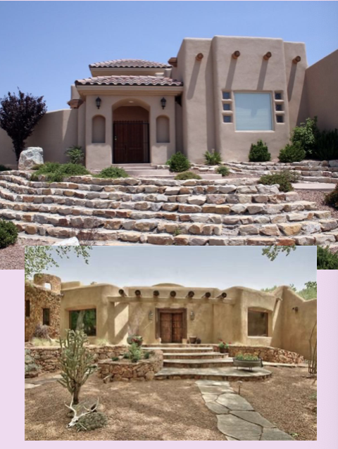 <p>Projected wooden roof beams extending through walls</p><p class="p2"></p><p class="p1">Stucco wall surface, typically earth colored. </p><p class="p2"></p><p class="p1">Imitate hand finishes of original Indigenous prototypes</p>