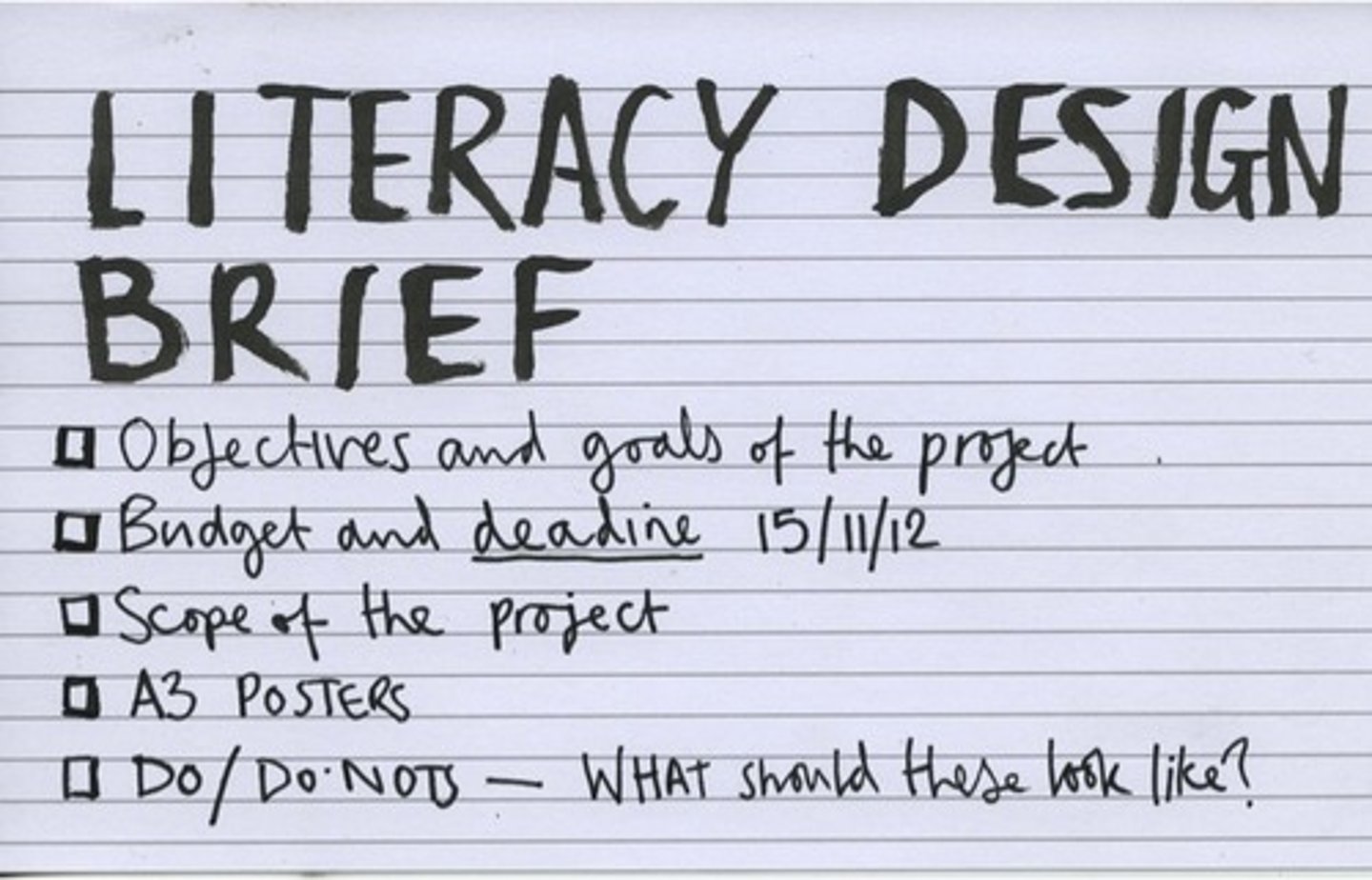 <p>A written document for a design project developed in concert by a person representing the business need for design and the designer.</p>