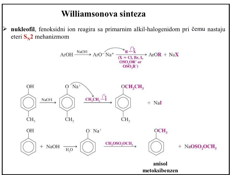 <p>Nukleofil, fenoksidni ion reagira sa primarnim alkil-halogenidom pri cemu nastaju eteri SN2 mehanizmom</p>
