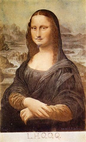 <p>When:1919 Who: Marcel Duchamp Extra Facts: it’s a postcard of the Mona Lisa w/ a mustache and a darker coloration: Dada Art</p>