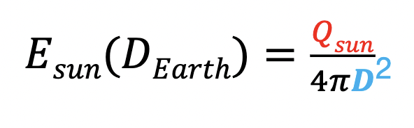 Qsun = total energy leaving the sun

D = distance from Earth to sun

\
Unit: W/m^2