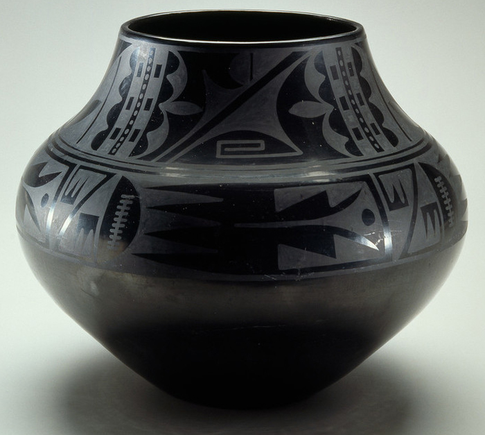 <p>Black on Black Ceramic Vessel (creator &amp; date)</p>