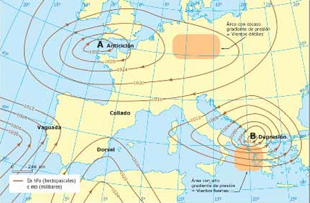 <p>Mapa en el que el trazado de cada línea de presión recibe el nombre de <strong>isobara</strong> (línea que une todos los puntos con igual presión barométrica).</p><p>El <strong>gradiente de presión</strong> es el cambio de presión a lo largo de una superficie horizontal, donde exista gradiente las moléculas de aire se moverán en su misma dirección.</p>