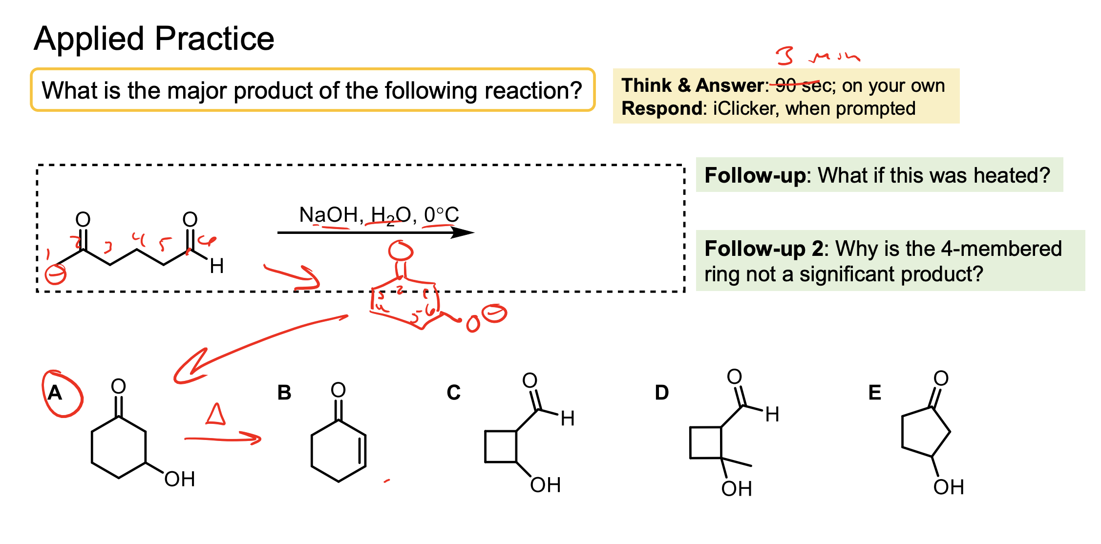 <ul><li><p>The intramolecular product forms much faster than the intermolecular product so when it is possible it will occur in an aldol reaction.&nbsp;</p></li><li><p>This can only occur to form 5 and 6 membered rings, so if those aren’t possible it will do intermolecular reactions.</p></li><li><p>If you were to add heat to the aldol product it will deprotonate another alpha hydrogen then form an enolate again that will then push off the OH to form a beta unsaturated ketone.&nbsp;</p></li></ul><p></p><p>Additional Chat GPT Advice</p><p><strong>Intramolecular reactions</strong> are often <em>faster and favored</em> because:</p><ul><li><p>The reactive sites are already tethered together → high effective concentration.</p></li><li><p><mark data-color="#f2ffb7" style="background-color: rgb(242, 255, 183); color: inherit;">There’s no need for two separate molecules to collide correctly in solution.</mark></p></li></ul><p></p>