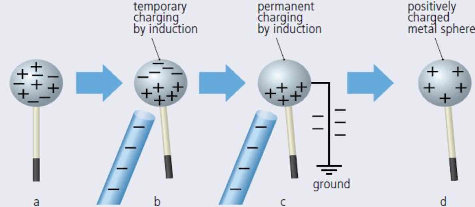 <ol><li><p>Bring a charged rod near an insulated metal conductor</p></li><li><p>Opposite charged electrons are attracted and the rest are repelled making it (P/N) charge on one side and the opposite on the other.</p></li><li><p>Keeping the charged object in place, earth the conductor by touching it with your finger. </p></li><li><p>Remove your finger. Then remove the rod. The conductor will now be (P/N) charged.</p></li></ol>