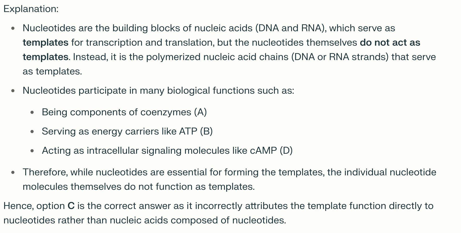 <p><strong>Nucleotide </strong><span style="color: red"><strong>không</strong></span><strong> còn chức năng sinh học nào sau đây?</strong></p><p>A. Tham gia cấu tạo một số coenzyme</p><p>B. Là chất dự trữ và vận chuyển năng lượng</p><p>C. Làm khuôn mẫu cho sự chuyển mã và tải mã</p><p>D. Là chất truyền tin nội bào</p>