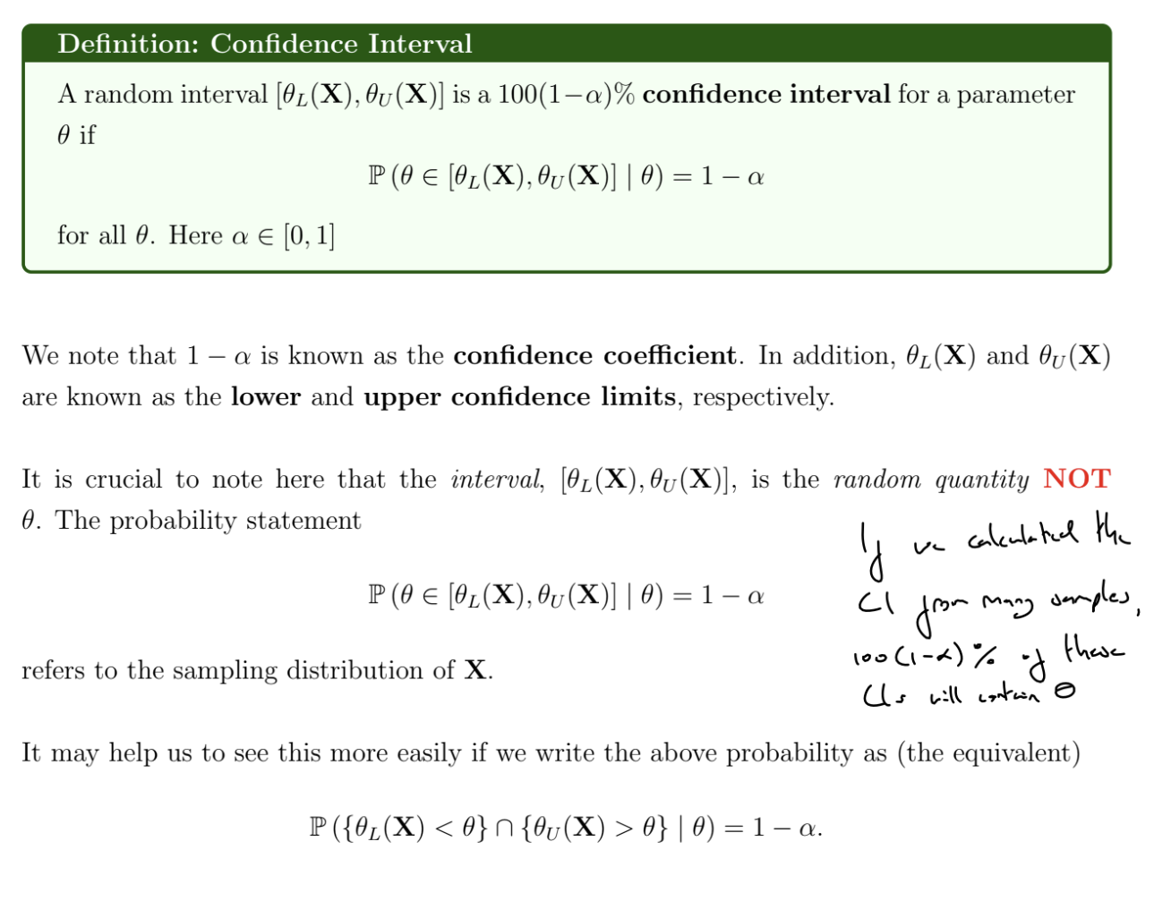 <p>Can obtain a confidence interval for $$\theta$$ by using the distribution of an unbiased estimator of $$\theta$$, e.g. $$\bar{X}$$ for $$\mu$$</p><p></p><p>There are infinitely many valid $$100(1-\alpha)\%$$ confidence intervals.</p><p>We may want the tails to have equal probability (central confidence interval) or the interval to be as narrow as possible</p>