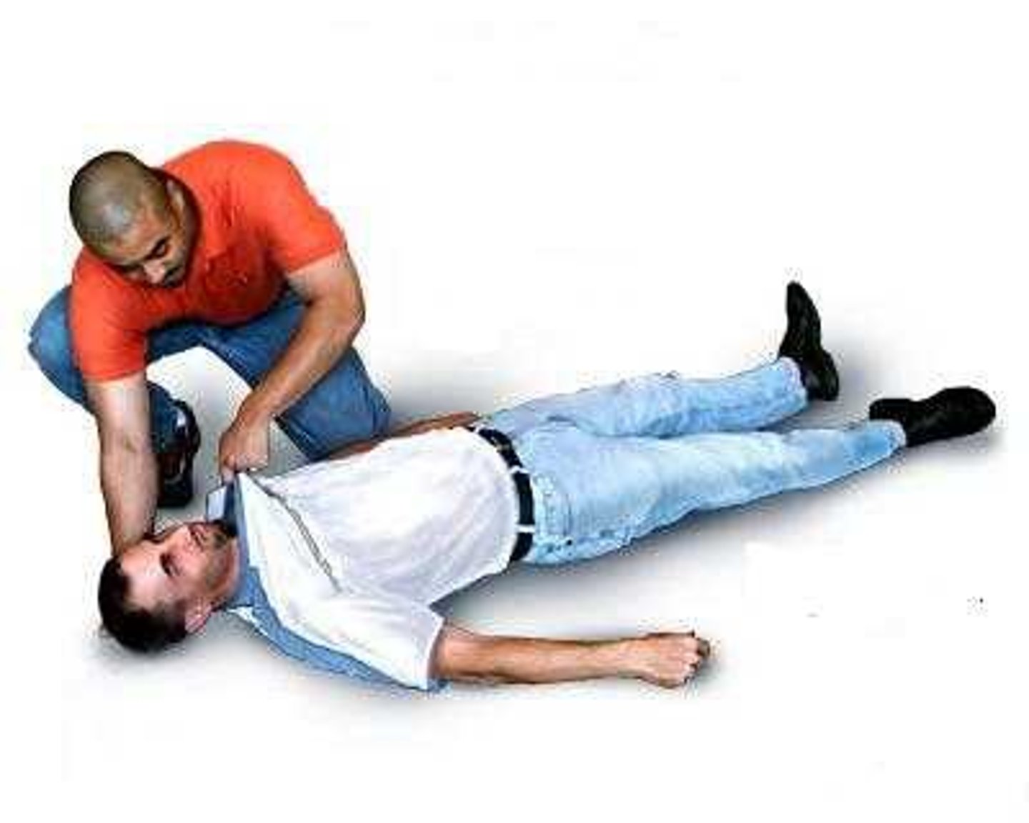 <p>1. Check the scene, remove hazards (dangers), determine how many victims</p><p>2. tap shoulder and shout, "Are you okay?"</p><p>3. Call 911 if no response</p><p>4. open airway, check for signs of life for no more than 10 seconds</p><p>5. No breaths go in, then look for severe bleeding and begin CPR/AED</p><p>6. If breathing, put in recovery position, check ABCs</p>