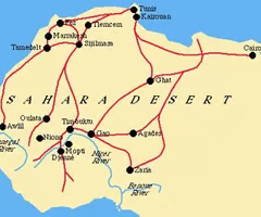 <p>routes of the trans-Sahara trade in Africa</p><p>North had manufactured goods, salt, horses, cloth, dates. South had crops, gold, ivory, kola nuts, slaves.</p>