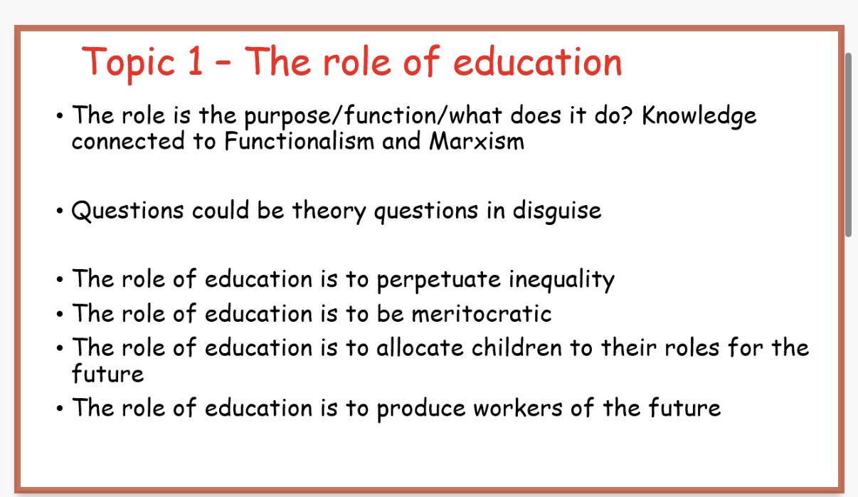 <p>Social solidarity-Durkheim</p><ol><li><p>What does Emile Durkheim believe education does to people? (AO1)</p><p>•He also believes schools are a society in miniature which prepares children for adult society through teaching punctuality and hierarchy.</p></li><li><p>What is social solidarity?</p></li><li><p>Give 4 examples of how schools maintain social solidarity?(AO2)</p></li><li><p>Application: Assemblies are in a shared space which …4? Is promoted through its …5? Choice( e.g. remembrance ceremonies,sports awards etc).Different age/year groups come …6?.</p></li></ol><p></p><ol start="7"><li><p>What is functionalism?</p></li><li><p>Marxism is a social, political, and economic theory originated by 8?. It focuses on the idea that society is …9? into classes based on their relationship to the means of production, primarily the bourgeoisie (owners) and the …10? (workers). Marxism argues that this class struggle is the driving force of historical change and that …11? inherently leads to exploitation, which will eventually be overthrown by a workers' …12?, leading to a classless society called …13?.</p></li></ol><p></p><ol start="14"><li><p>What would Marxists argue that schools do to people?(AO3)</p></li><li><p>What is a false class consciousness?</p></li><li><p>What is a functional prerequisite?</p></li></ol><p></p>