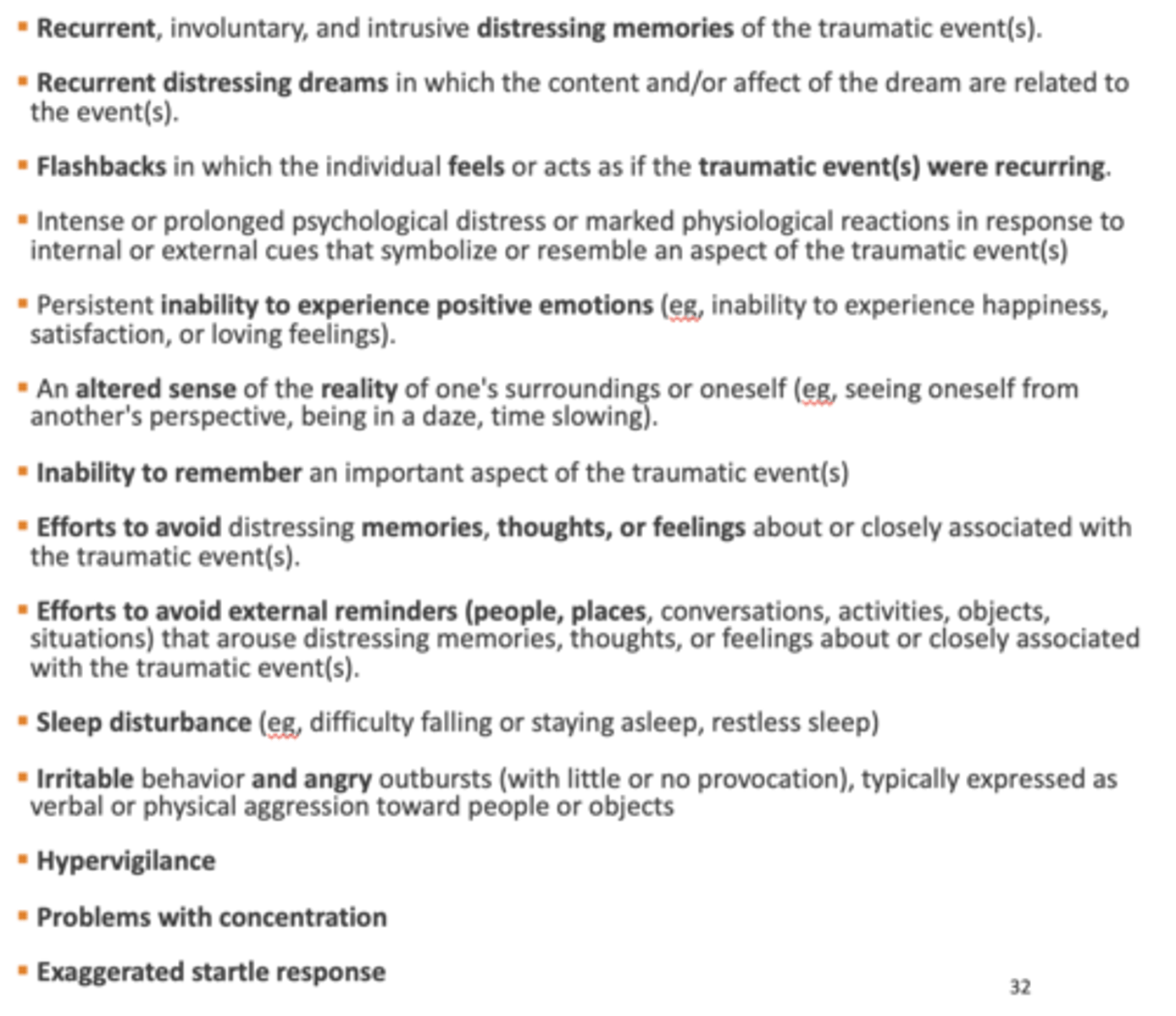 <p>at least 9 total symptoms from any category that appear in the first month after experiencing a traumatic event lasting between 3 days and 1 month</p>