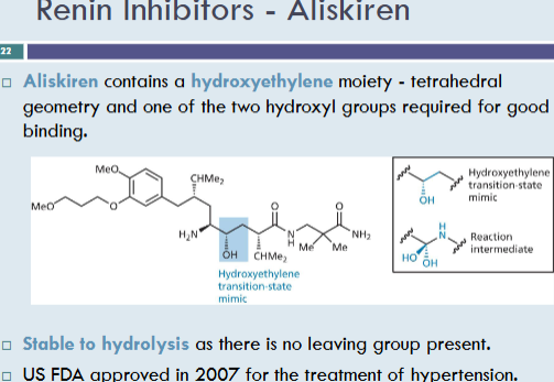 <p>has hydroxyethylene moeity- tetrahedral geometry + ½ OH grp for good binding</p><p>stable to hydrolysis as no leaving grp present</p>