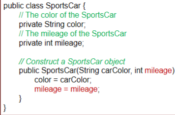 <p>What will happen when we create an instance using this constructor?</p><p></p><p>a) the object's mileage property will be set to the value passed to constructor</p><p>b) the object's mileage property will not be set the value passed to constructor</p><p>c) error will occur because you have two declarations with the same variable name</p>