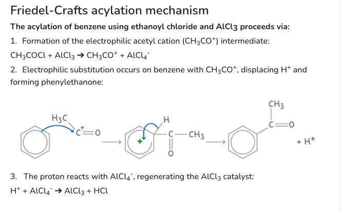 <p>-conditions: 60 degrees C, reflux, <span style="color: red">AlCl3</span> catalyst, anhydrous</p><p>-monosubstitution</p><p>-RCOCl (acyl chloride) + AlCl3 (halogen carrier) = AlCl4- + RCO+ (electrophile)</p><p>-regeneration of AlCl3: H+ + AlCl4-</p>