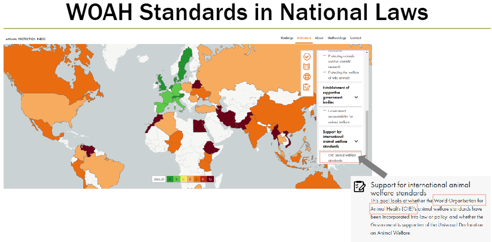 <p><strong>Purpose</strong><br> Assesses whether the World Organisation for Animal Health (WOAH) animal welfare standards have been incorporated into national law or policy<br> Checks whether the government supports the Universal Declaration on Animal Welfare</p>