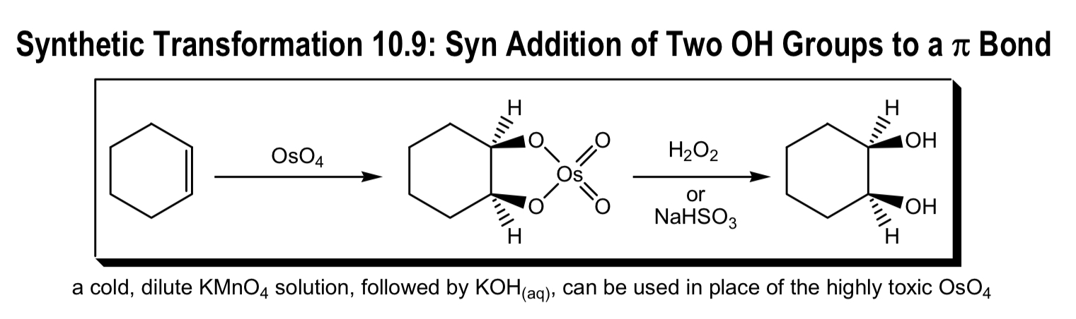 <ul><li><p>syn addition of two OH groups to ring</p></li></ul><p></p>