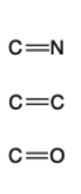 <p>C=C (shorter closer to 1500), C=N, C=O</p>