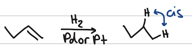 <p>addition of H and H</p><p>occurs when: Pd or Pt; H2, alkene or alkyne</p><p>stereochemistry: syn addition</p>