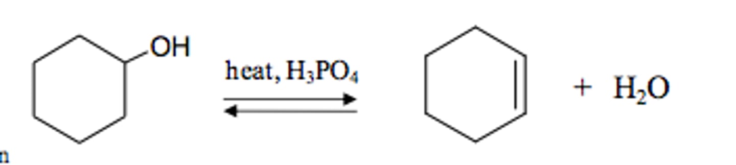 <p>Use strong acid to make alkene (strong acid protonates OH, water takes H+ from nearby C to form C=C)</p>