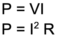 <p>power = potential difference × current</p><p>power = current^2 × resistance</p><p>power (P) - watts (W) potential difference (V) - volts (V) current (I) - amperes/amps (A) resistance (R) - ohms (Ω)</p>
