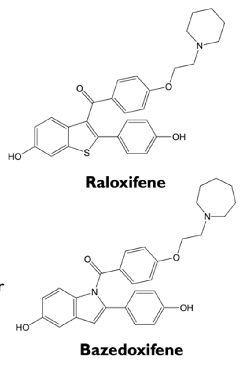 <p>- SERM; partial estrogen agonist</p><p>- tissue-specific activities</p><p>- estrogen actions</p><p>- antiestrogen actions</p><p>- bazedoxifene is a recently approved analog with similar activities</p>