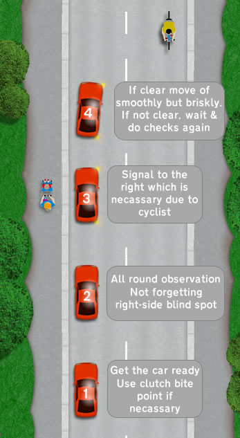 <p><strong>When moving off, look for other road users in front and behind, signal your intentions at least 3 seconds in advance, and check your blindspot. </strong></p><p>Once it’s safe, gradually move off to join mainstream traffic.</p>