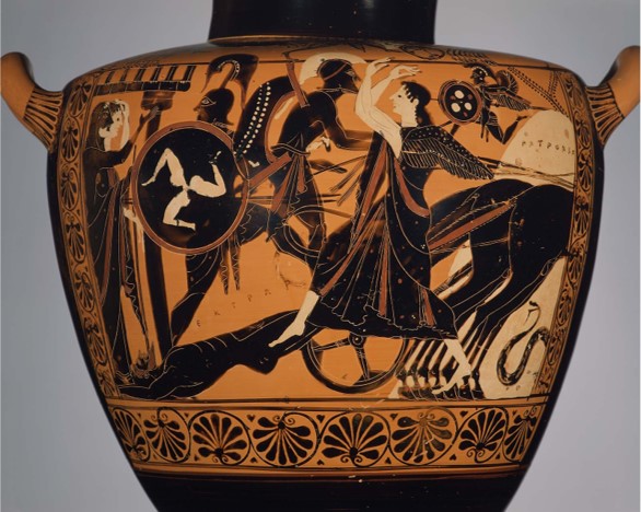 <p>Leagros Group: Attic black-figure hydria - <em>Achilles dragging Hector’s body around the tomb of Patroklos</em>, Greek, c. 510 BCE</p>