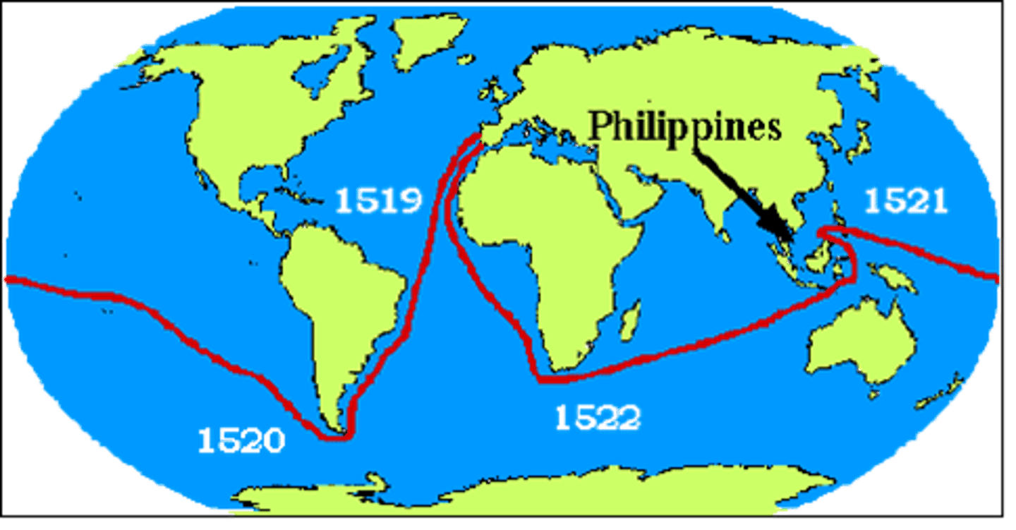 <p>- September of 1519 (Spain) -&gt; November 1520 -&gt; March of 1521 (Philippines) -&gt; Spain<br>- 1 out of 5 ships survive <br>- 18 of 270 men survive<br>- not enough food</p>
