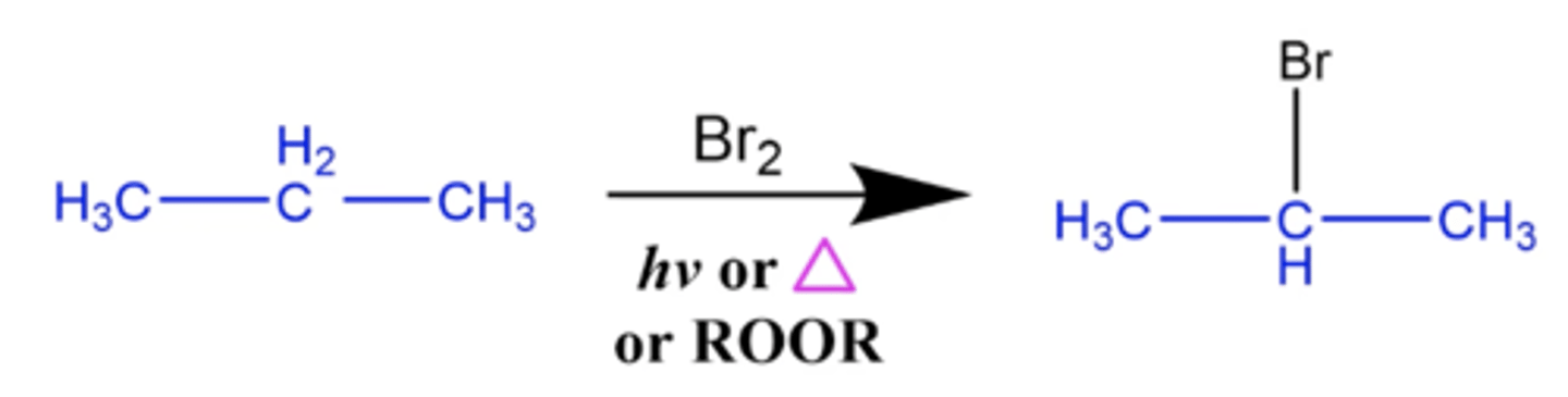 <p>Alkane halogenation reaction:</p><p>-one of the central hydrogens on the propane is replaced by Cl</p>