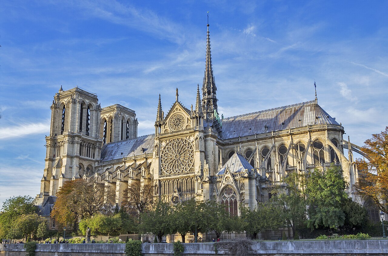 <ul><li><p>Catholic Cathedral in Paris</p></li><li><p>Its external flying buttresses enabled clerestory as well as ground floor windows to be treated as a frame, with a thin web of stone and glass between</p></li><li><p>It was known for its rose windows </p></li></ul><p></p>