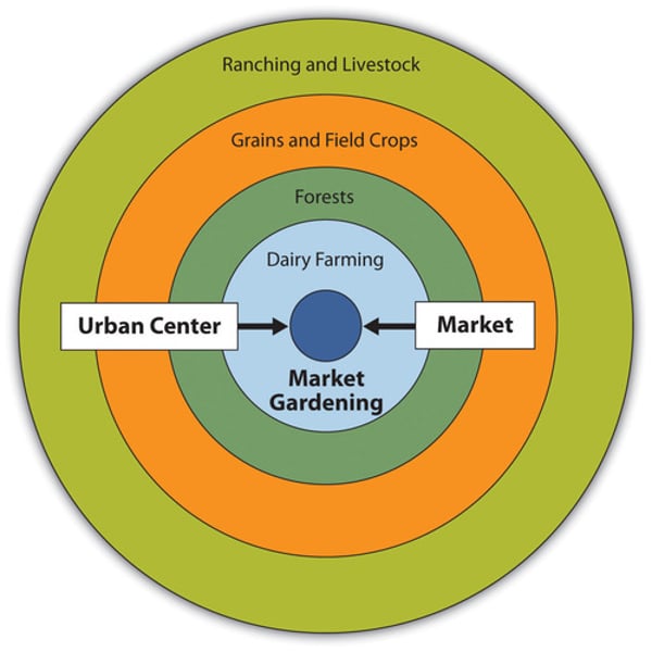 <p>It explains agricultural land use patterns by varying transportation cost. The pattern predicts more-intensive rural land is closer to the marketplace, and more extensive rural land is farther from the market place. These rural land use zones are divided into concentric rings.</p>