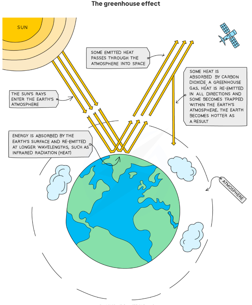 <ul><li><p>Greenhouse gases maintain the temperatures on Earth high enough to support life&nbsp;</p></li><li><p>This is known as the greenhouse effect&nbsp;</p></li></ul><ul><li><p><strong>Short wavelength radiation</strong> (ultraviolet radiation) is emitted from the sun</p></li><li><p>When it strikes the earth's surface, some of it is absorbed and some is re-emitted from the surface of the Earth as<strong> long wavelength radiation</strong> (infrared radiation)</p></li><li><p>Much of the radiation is <strong>trapped</strong> inside the Earth’s atmosphere by <strong>greenhouse gases</strong> which can absorb and store the energy</p></li><li><p>Increasing levels of carbon dioxide and methane, although present in only small amounts, are causing significant upset to the Earth’s natural conditions by trapping extra heat energy</p></li></ul>