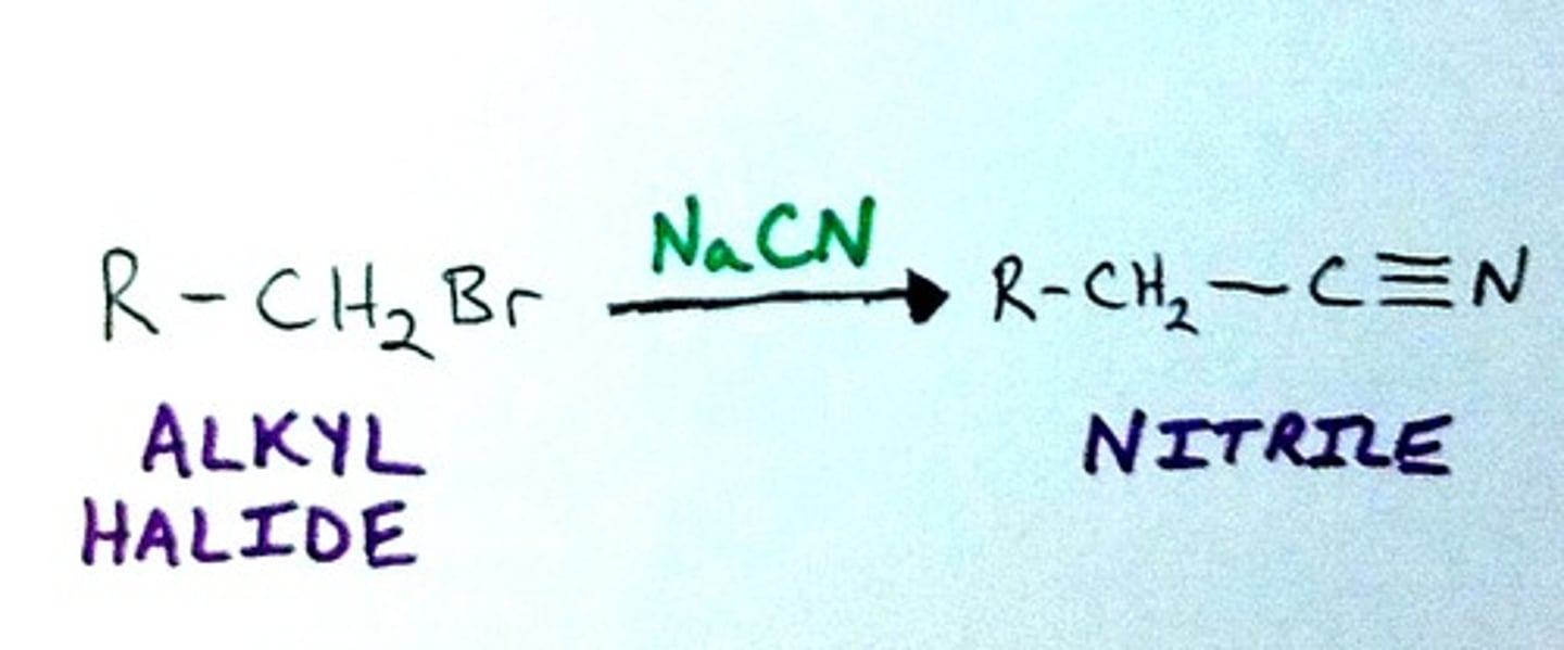 <p>alkyl halide to nitrile</p>