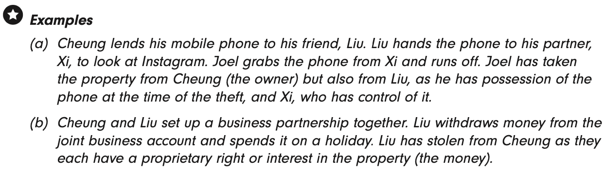 <p>Belongs to another where person has:</p><ul><li><p>Possession;</p></li><li><p>Control; or</p></li><li><p>Any proprietary right / interest. </p></li></ul><p></p>