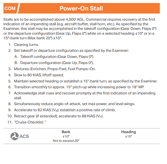 <p>80 KIAS</p><p>4000’ AGL</p><p>Takeoff (Gear down) or Departure (Gear up) Config</p><p>Mixtures–Enrichen, Props–Fwd, Fuel Pumps–On.</p><p>Slow to 80 KIAS</p><p>Approx 15° pitch up, 18” MP</p><p>Reduce angle of attack</p><p>Max Power</p><p>Level wings</p><p>Accelerate to Vx (82 KIAS), establish positive rate</p><p>Retract Gear, accelerate to Vy (88 KIAS)</p><p>Cruise Checklist</p>