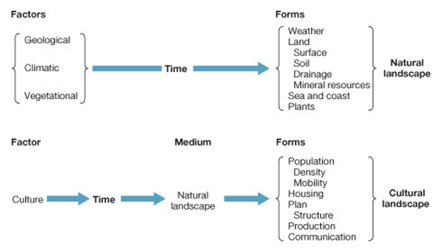 <p>defined cultural landscape, as an area fashioned from nature by a cultural group. A combination of cultural features such as language and religion; economic features such as agriculture and industry; and physical features such as climate and vegetation.</p>