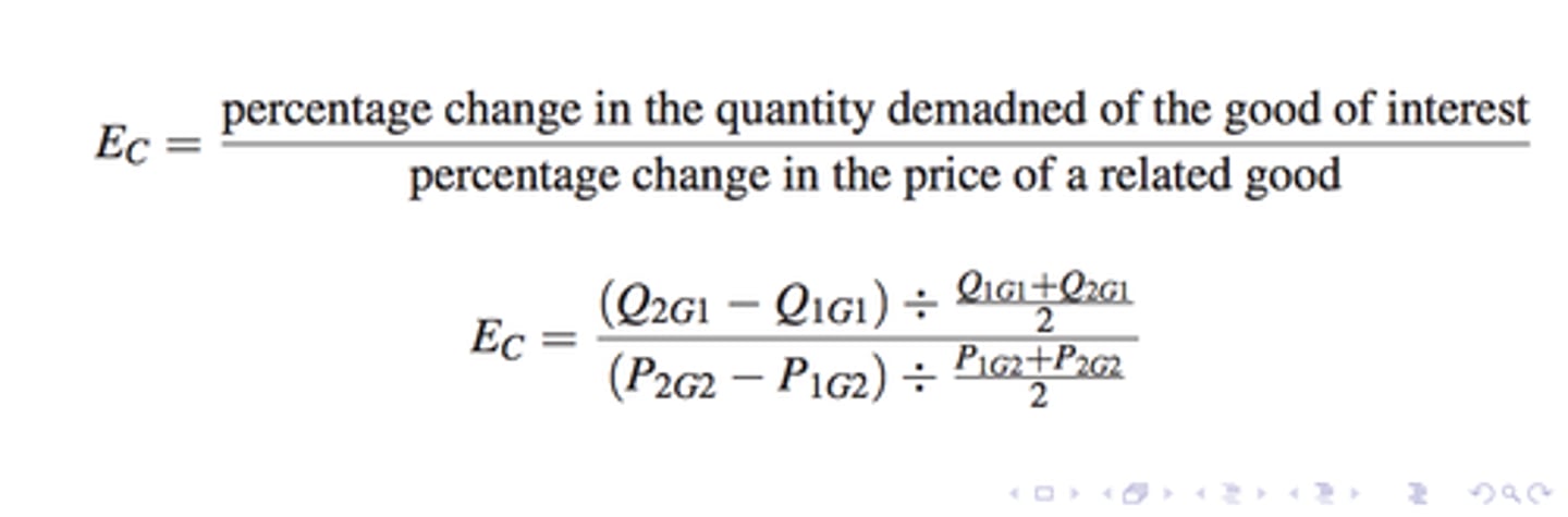 <p>a measure of how sensitive the consumption of good X is to a change in the price of good Y</p>