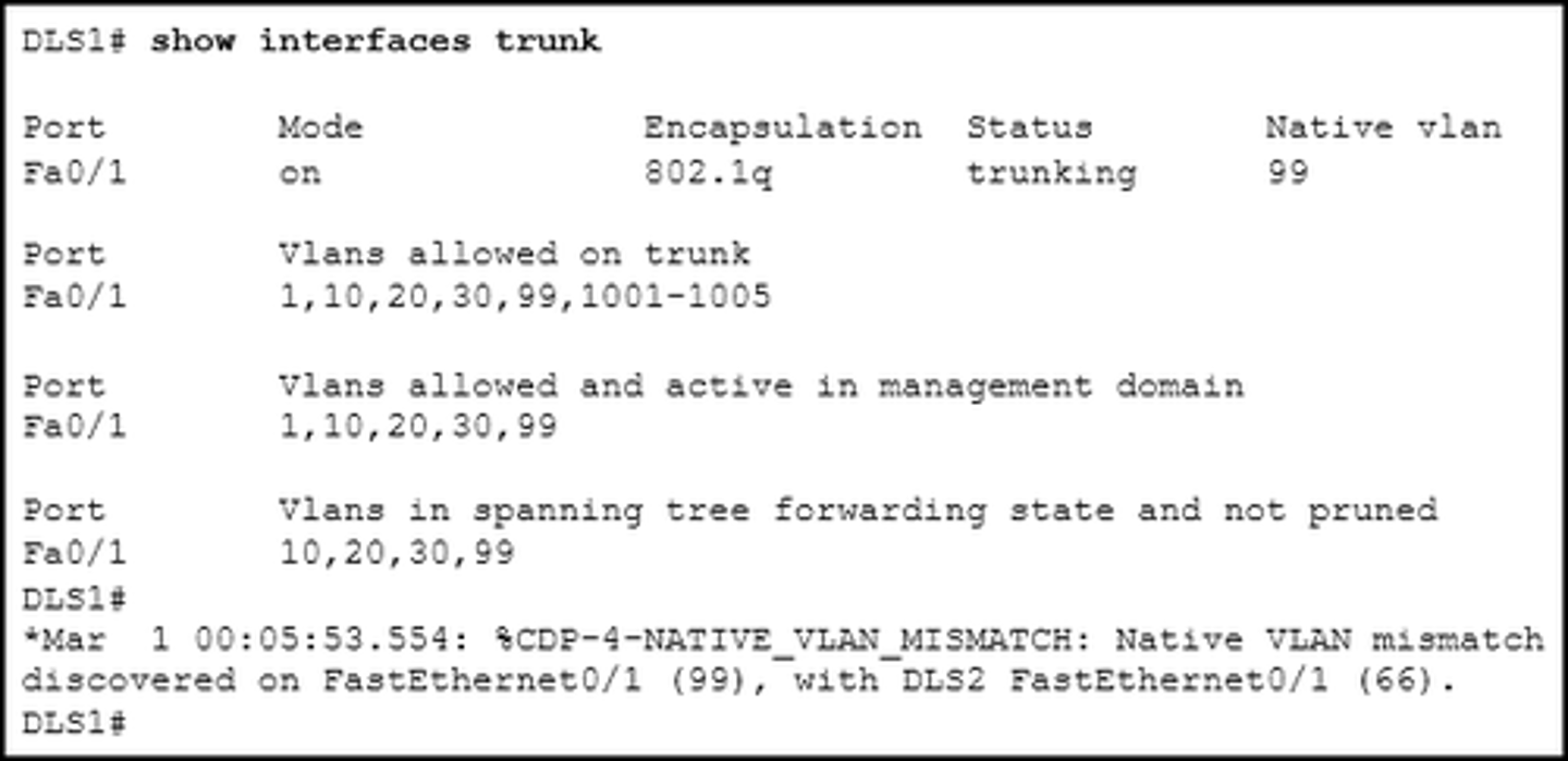 <p>Refer to the exhibit. DLS1 is connected to another switch, DLS2, via a trunk link. A host that is connected to DLS1 is not able to communicate to a host that is connected to DLS2, even though they are both in VLAN 99. Which command should be added to Fa0/1 on DLS1 to correct the problem?</p><p>switchport nonegotiate</p><p>switchport mode dynamic auto</p><p>switchport trunk native vlan 66</p><p>switchport trunk allowed vlan add 99</p>