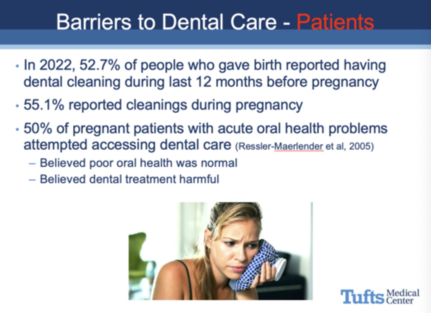 <p>- Patients (~50% reported cleanings during pregnancy; some believed dental treatment was harmful)</p><p>- Oral health professionals (some thought it was dangerous)</p><p>- Prenatal care providers</p>