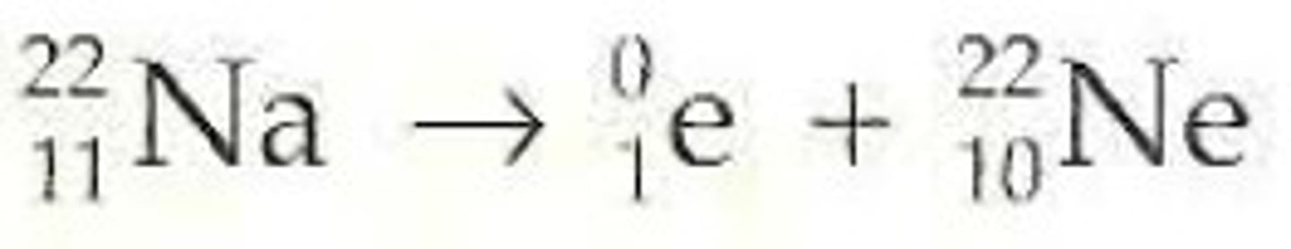<p>Beta (plus) particle: +₁⁰e⁺ (positron) (antimatter)</p><p>Occurs when there are too few electrons</p><p>- nucleus converts a proton into a neutron, releasing a positron</p><p>Properties:</p><p>- Charge: positive</p><p>- Mass: negligable</p>